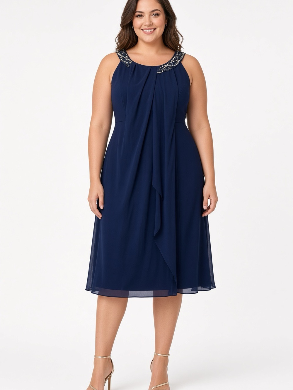SLNY Navy Beaded Halter Knee Length Dress Size 16W NWT